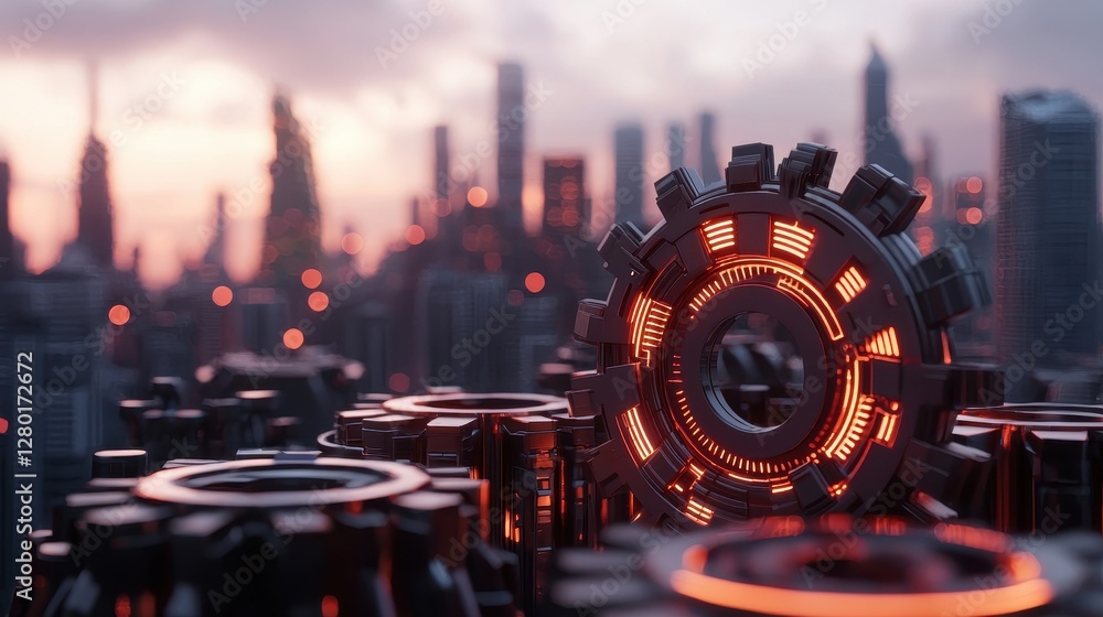 Poster a futuristic cityscape features glowing gears at the forefront, illuminated against a backdrop of bl