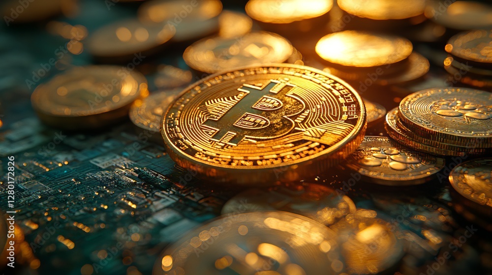 Poster close-up view of bitcoin with surrounding coins and dynamic financial charts depicting cryptocurrenc