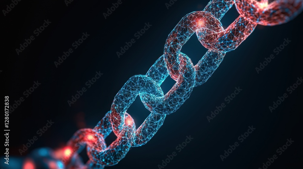 Poster a glowing digital chain with interconnected links against a dark background, symbolizing strength, c