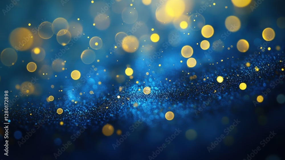 Poster abstract blue background with shimmering golden bokeh lights creating a festive atmosphere