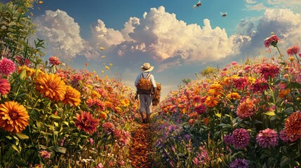 Fototapeta premium Serene Farmer Walking Through Vibrant Flower Field Under Blue Sky with Clouds and Bees Buzzing Around in a Peaceful Landscape
