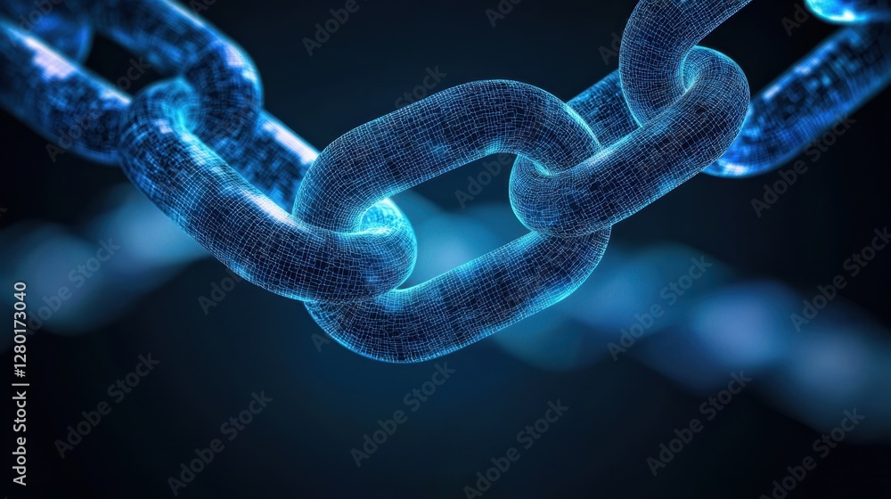 Poster a close-up of a glowing digital chain link, symbolizing connectivity, security, and blockchain techn