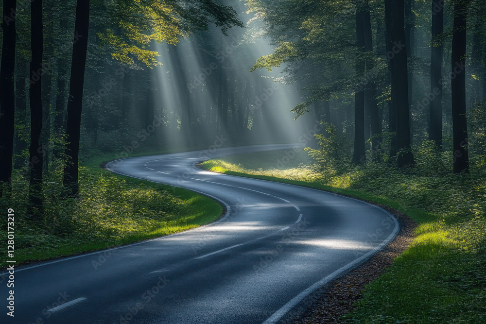 Poster a road with trees on both sides and a curve