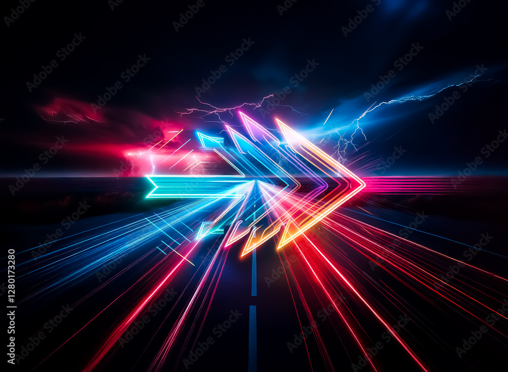 Aufkleber Abstract image featuring dynamic red and blue light trails converging towards a bright center point, creating a sense of speed and depth against a dark, textured backdrop.