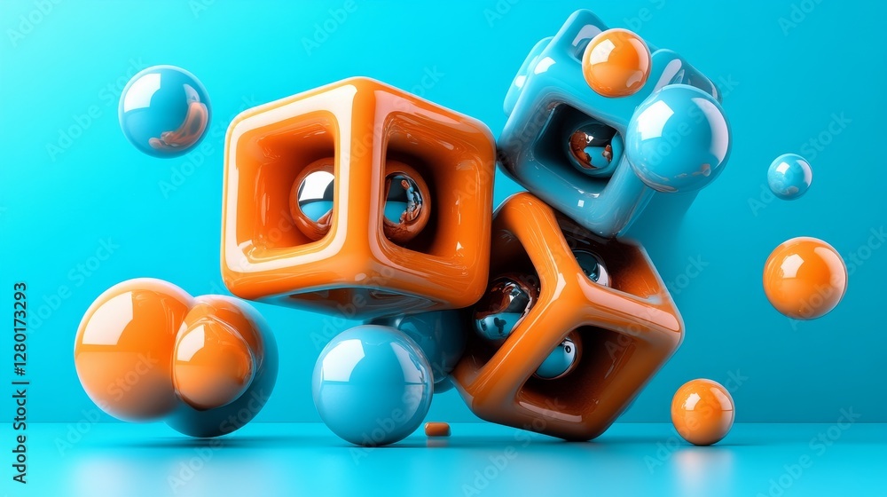 Poster dynamic three-dimensional shapes floating in vibrant blue abstract rendering playful and modern desi