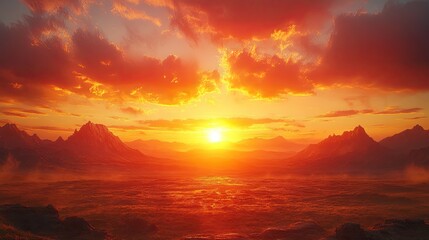 Fototapeta premium Fiery Sunset Over Misty Mountains