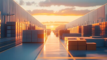 A vibrant warehouse scene at sunset, showcasing organized stacks of pallets and a clear pathway illuminated by warm light.