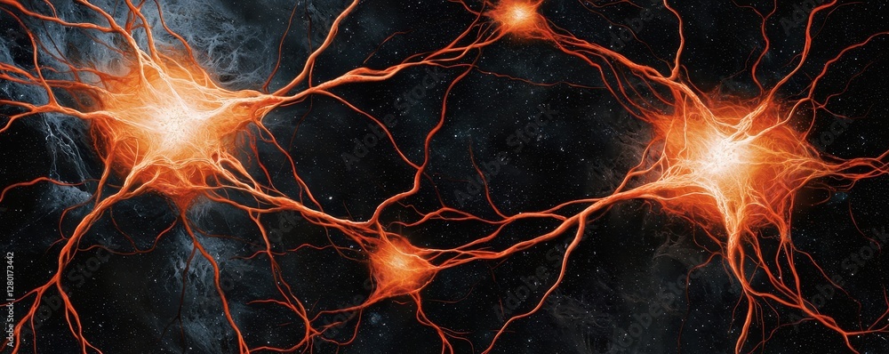 Poster a striking visualization of neurons with glowing connections, representing the complexity and beauty