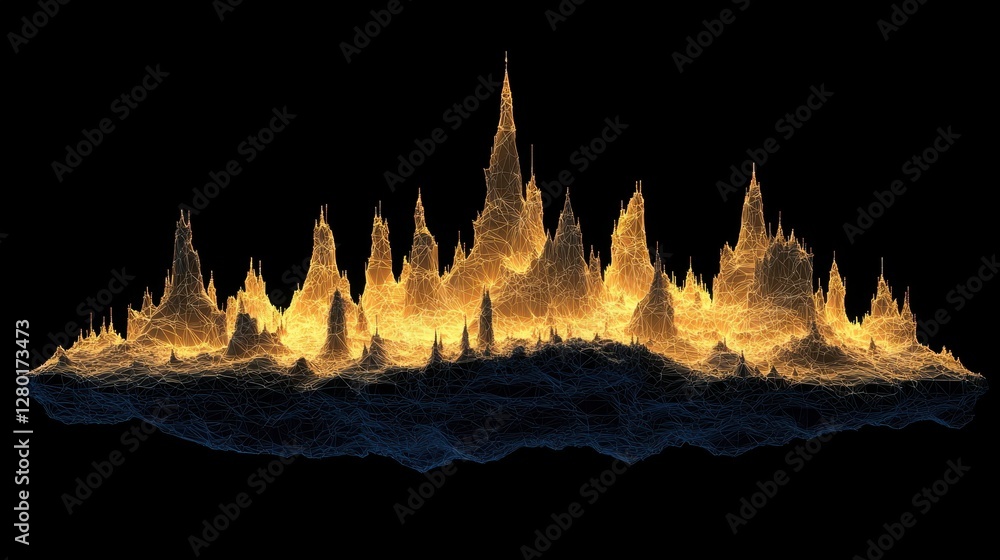Poster a sleek business data collapse visualization with glowing cyber structures and crisp textures.