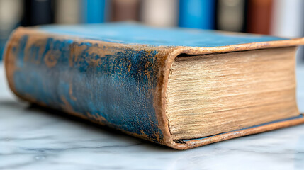 Antique book, worn cover, marble surface, bookshelf background; ideal for historical fiction
