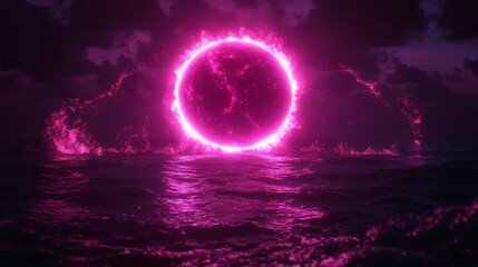 Vibrant celestial orb radiating light over rippling waves, ethereal cosmic phenomenon on a horizon, mysterious luminous pink sphere in dark depths