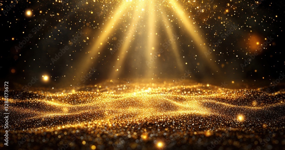 Aufkleber radiant glow of golden particles illuminating a dark background with soft light beams creating a mag