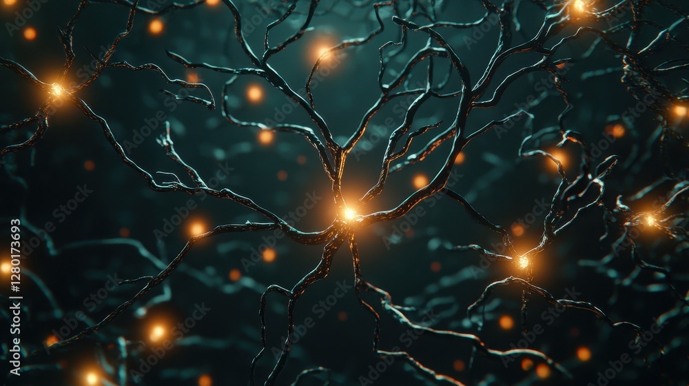 Poster A close-up view of intricate neural networks illuminated by glowing nodes, representing connections in a dark, abstract environment.