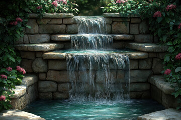 Naklejka premium A stone waterfall with pink flowers in the background