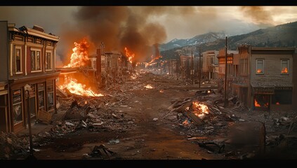 Wildfire devastation, destroyed town, dramatic mountain backdrop, apocalyptic scene