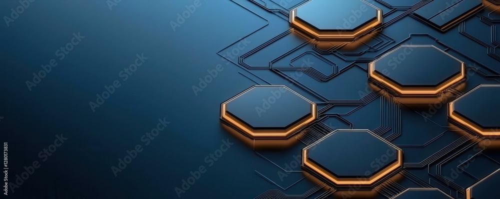 Poster a sleek, modern abstract design featuring hexagonal shapes with a gradient blue background and orang
