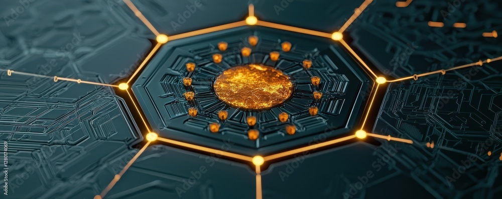 Poster A close-up view of a high-tech circuit board featuring a glowing central node, symbolizing advanced technology and connectivity.