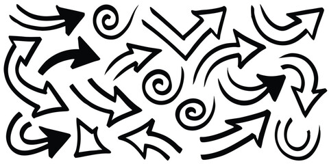hand-drawn arrow icon set features grunge marker line scribbles, curve brush strokes, sketch direction shapes, and marks, creating a black artistic punk style graphic element.