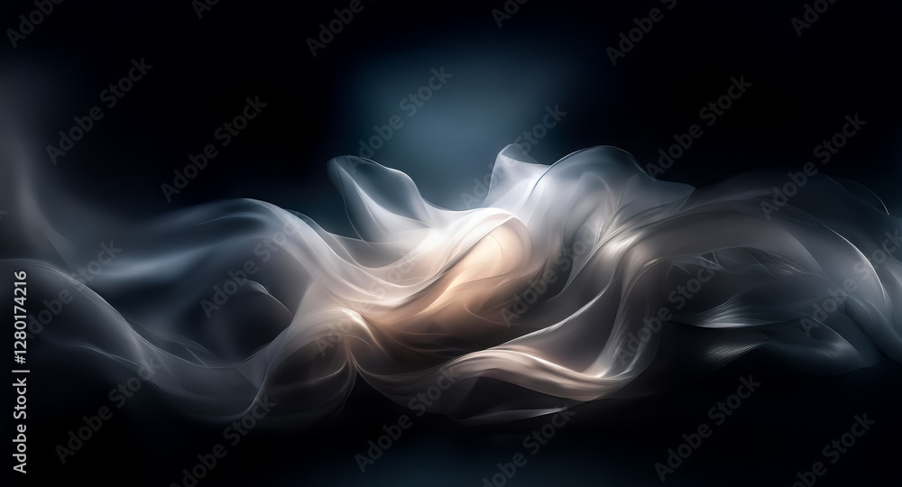 Poster abstract smoke swirls on dark backdrop, creating mystery and depth with flowing, ethereal forms. sof