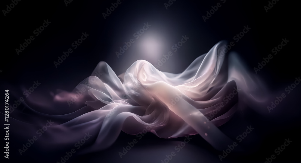 Poster ethereal and soft flowing form in gentle waves illuminated against a dark backdrop. delicate and smo