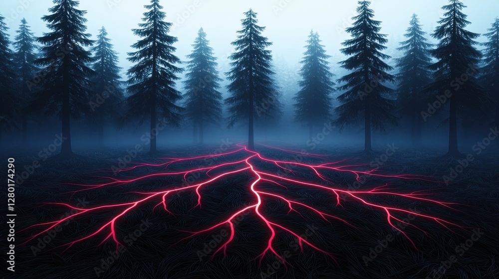 Poster A mysterious forest scene with dark trees and glowing red roots beneath a foggy atmosphere, creating an eerie and captivating visual.