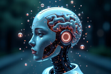 A futuristic robotic brain encased in transparent glass, surrounded by floating AI-generated holographic data and machine learning processes