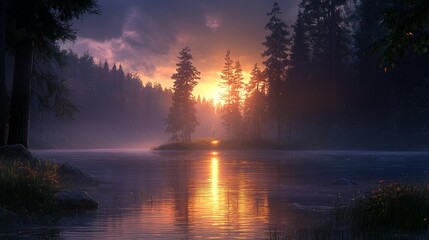 Serene waterscape illuminated by a sunset sky with trees reflecting in a tranquil lake and golden sunbeams over the forest