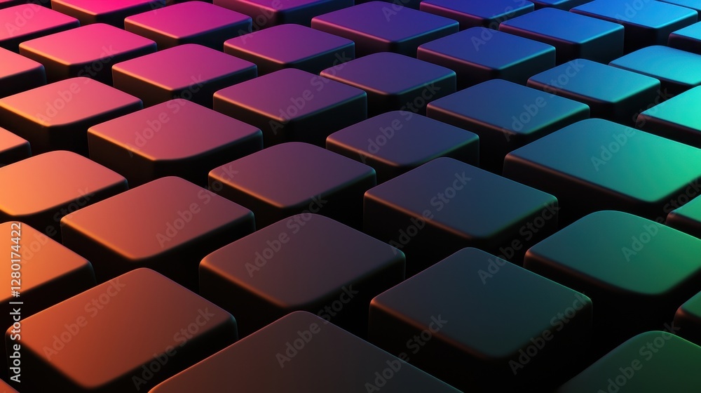 Poster A vibrant array of squares forms a 3D pattern, illuminated with colorful lighting, creating a visually engaging and modern design.