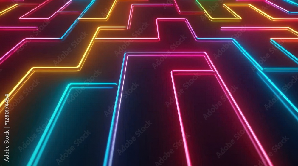 Poster A vibrant neon maze design featuring colorful glowing lines creating an abstract pattern on a dark background.