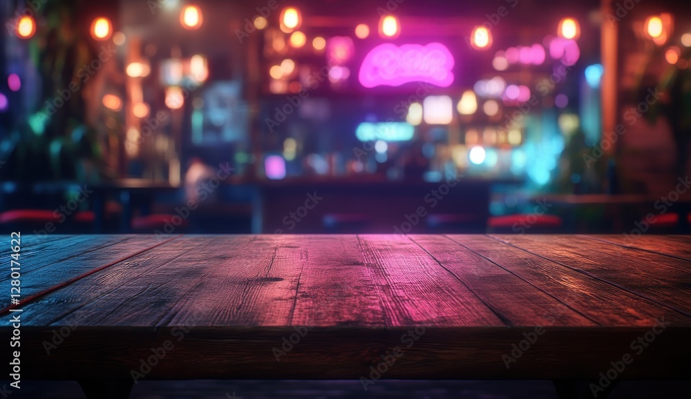 Aufkleber rustic wooden table in a cozy bar with colorful neon lights and blurred background featuring a livel