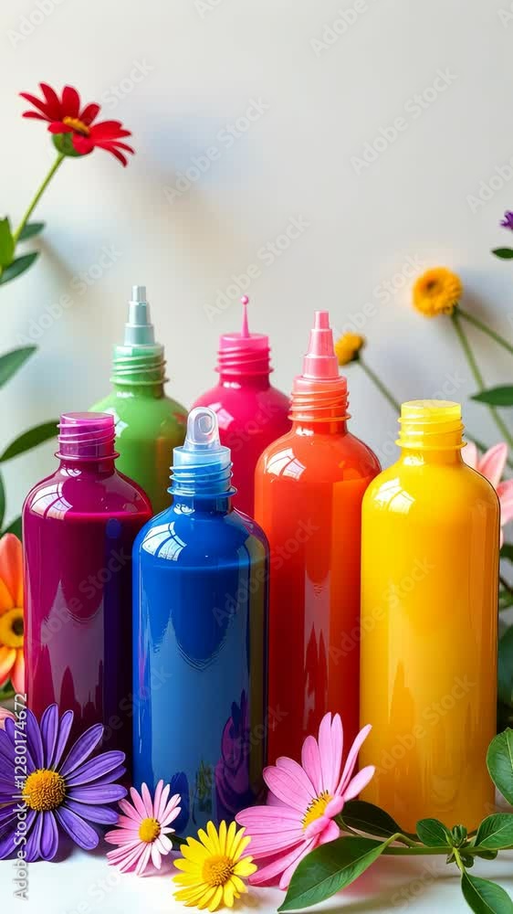 Aufkleber a row of colorful bottles of paint are on a table next to flowers. the bottles are in a rainbow orde