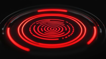 A glowing red circular pattern with spiral designs against a dark background, creating a futuristic and dynamic visual effect.