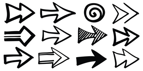 hand-drawn arrow icon set features grunge marker line scribbles, curve brush strokes, sketch direction shapes, and marks, creating a black artistic punk style graphic element.