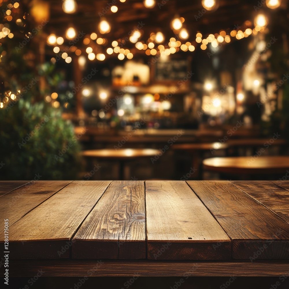 Poster rustic wooden table in a warmly lit restaurant setting with blurred background and decorative lights