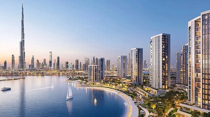 Obraz premium Dubai waterfront luxury apartments, sunset view