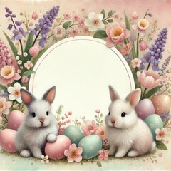 A cozy Easter-themed frame with cute hand-painted bunny details and  pastel colors