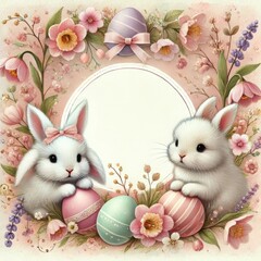 A cozy Easter-themed frame with cute hand-painted bunny details and  pastel colors