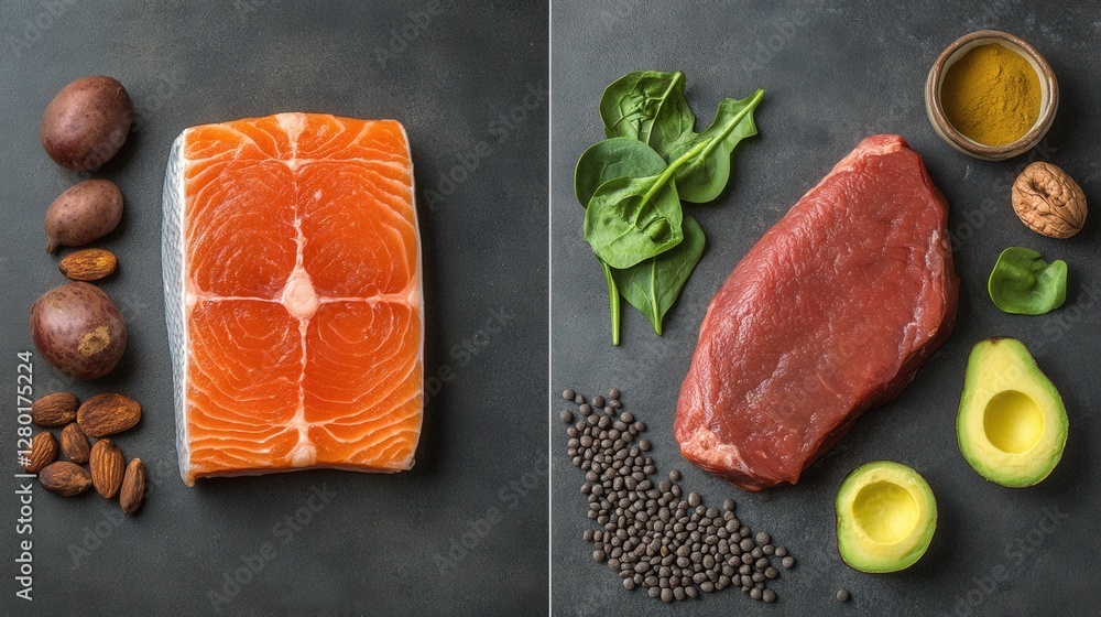 Poster fresh salmon and beef steak arranged with vegetables and nuts on a dark surface for culinary use