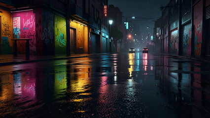 Naklejka premium Luminous Neon Lights Casting a Vibrant Glow Illuminating a Mysterious Dark Alley with Electric Radiance