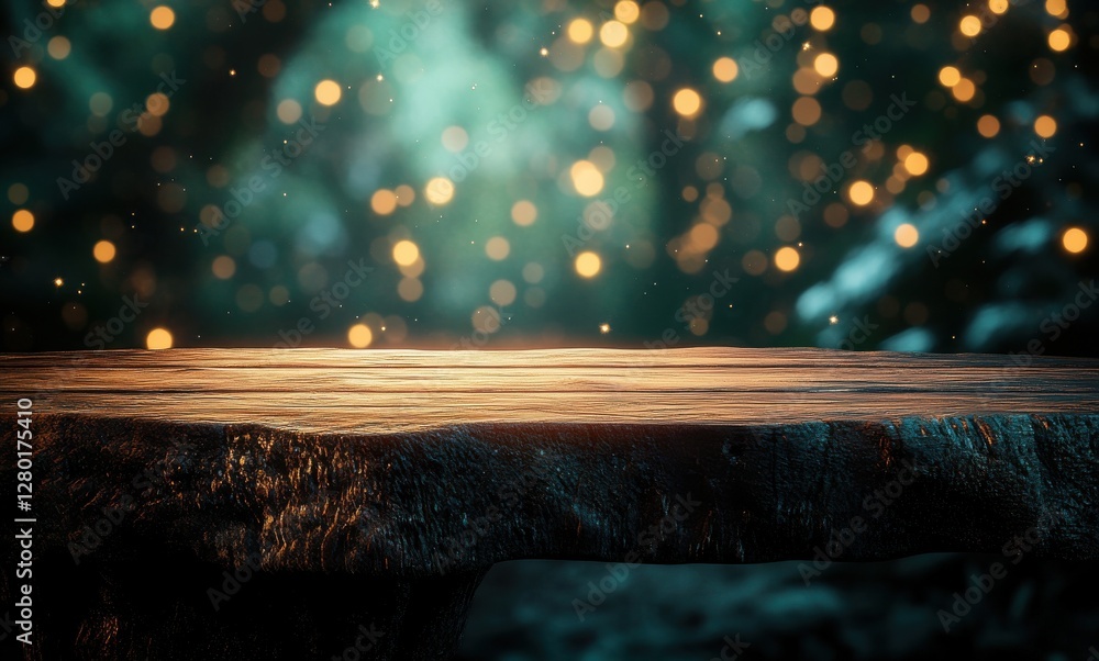 Poster rustic wooden table surface with dreamy bokeh lights in the background, perfect for creative display