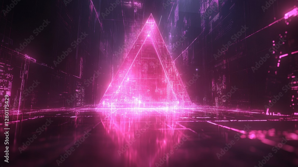 Poster Luminous portal with pyramidal form emits radiant pink glow digital design evokes a sense of technological wonder for futuristic projects