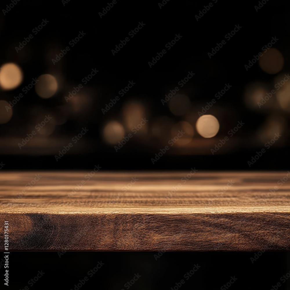 Aufkleber rustic wooden table surface with soft focus background and warm bokeh lights ideal for photography o