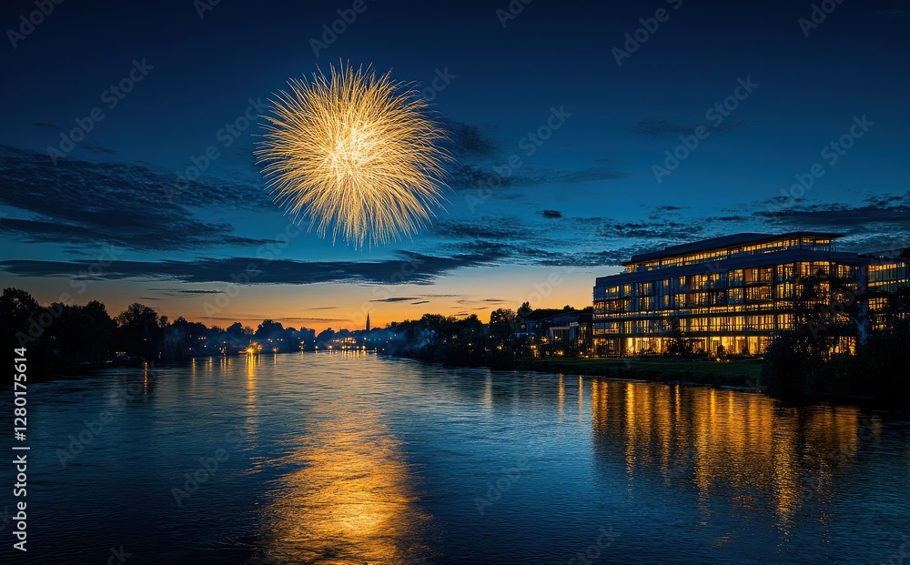 Poster scenic evening with fireworks over calm river reflected in water with modern architecture on shore u