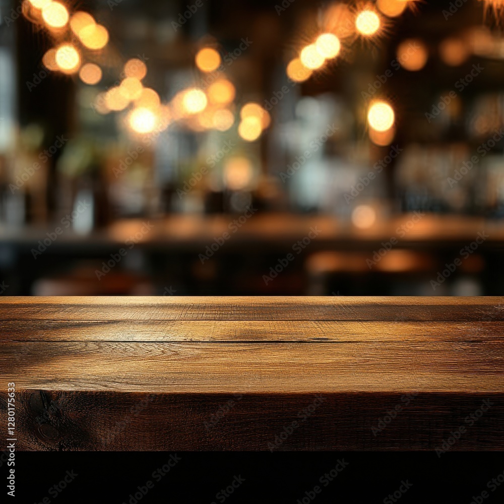 Aufkleber rustic wooden table with blurred background and soft warm lights in cozy café setting for inviting a