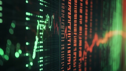 Stock market data display screen with chart, numbers, and background lights