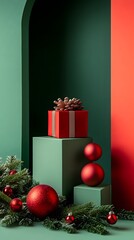 Festive arrangement featuring green and red holiday decorations with presents and ornaments.