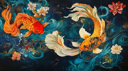 Koi fish dance, floral swirls, dark blue water, canvas art, home decor