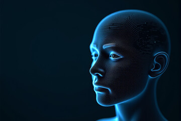 A 3D wireframe human face with pixelated digital distortions, symbolizing AI-driven identity recognition and biometric security systems