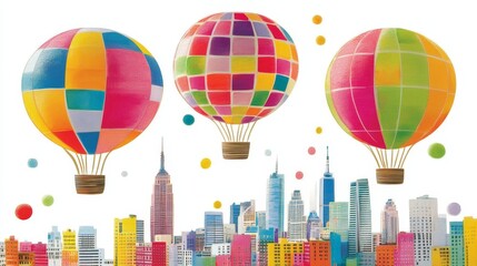 Watercolor Cityscape with Colorful Hot Air Balloons a Whimsical New York Skyline Illustration with Abstract Building and Sky Elements