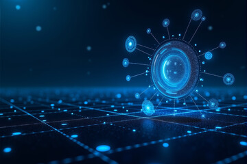 Obraz premium A quantum computing AI background featuring high-tech floating symbols, futuristic grids, and a deep space digital aesthetic